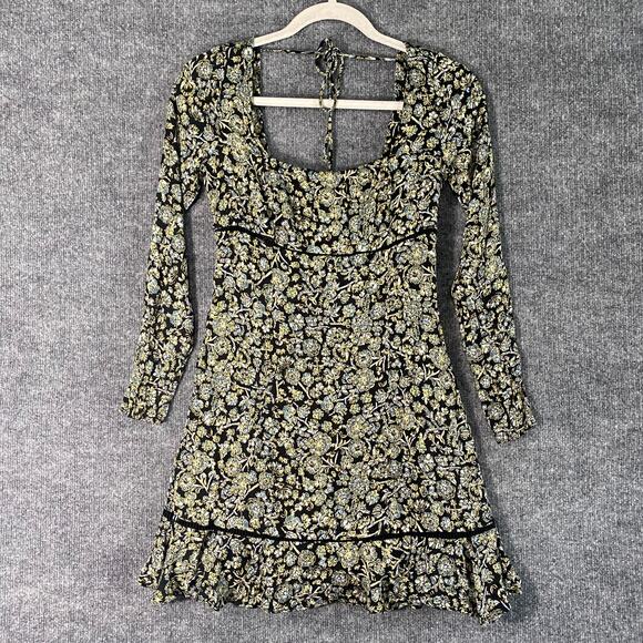 Free People Boheme Dress 4 Small Black Green Long Sleeve Floral Mini A-Line - Picture 3 of 15